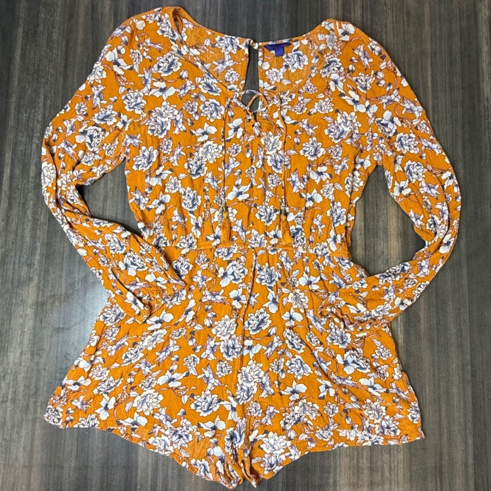 Aeropostale Romper Medium Orange Floral Long Sleeve Drawstring Casual‎ Womens